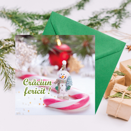 Felicitare Craciun om de zapada, cu plic verde, 130x130 mm [3]