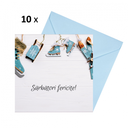 Felicitari Craciun mix poze - Set 10 felicitari Craciun ornamente bleu, cu plicuri bleu 130x130 mm