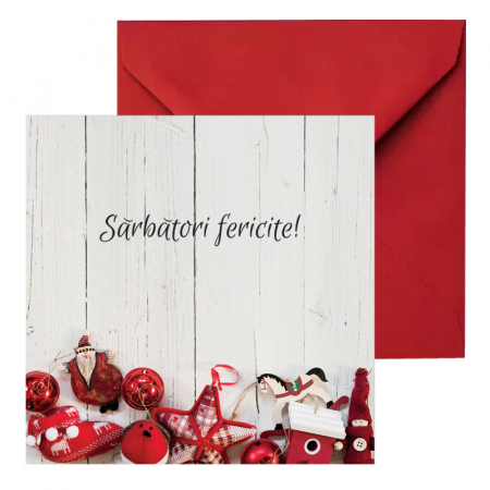 Felicitari Craciun mix alb-rosu - Felicitare Craciun ornamente rosii, cu plic rosu, 130x130 mm