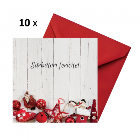 Felicitari Craciun mix alb-rosu - Set 10 felicitari Craciun ornamente rosii, cu plicuri rosii, 130x130 mm