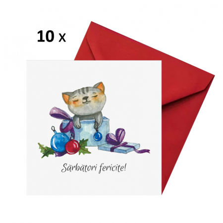 Seturi felicitari Craciun - Set 10 felicitari Craciun Pisica, cu plicuri rosii, 130x130 mm