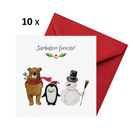 Seturi felicitari Craciun - Set 10 felicitari Craciun Prietenie, cu plicuri rosii, 130x130 mm