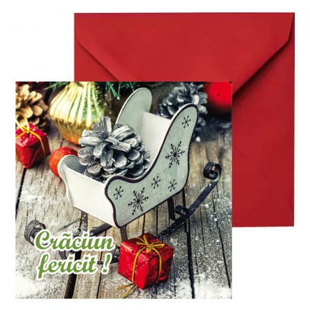 Felicitari Craciun mix poze - Felicitare Craciun sanie, cu plic rosu, 130x130 mm