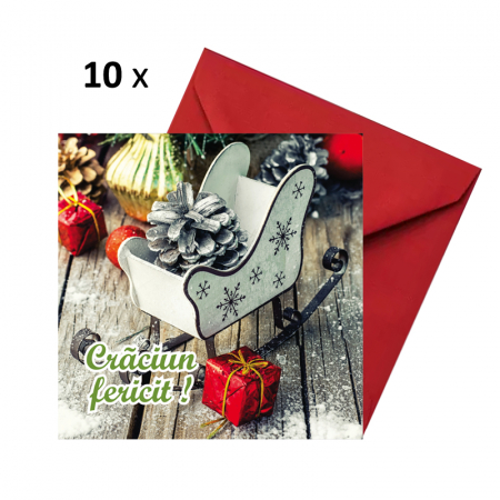 Felicitari Craciun mix poze - Set 10 felicitari Craciun sanie, cu plicuri rosii, 130x130 mm