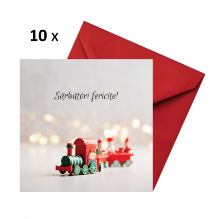 Felicitari Craciun mix alb-rosu - Set 10 felicitari Craciun trenulet rosu, cu plicuri rosii, 130x130 mm