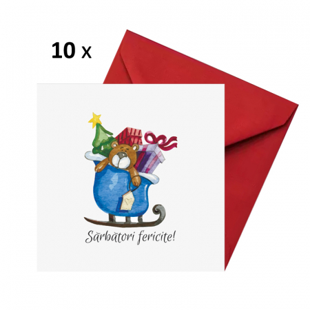 Seturi felicitari Craciun - Set 10 felicitari Craciun ursulet, cu plicuri rosii, 130x130 mm