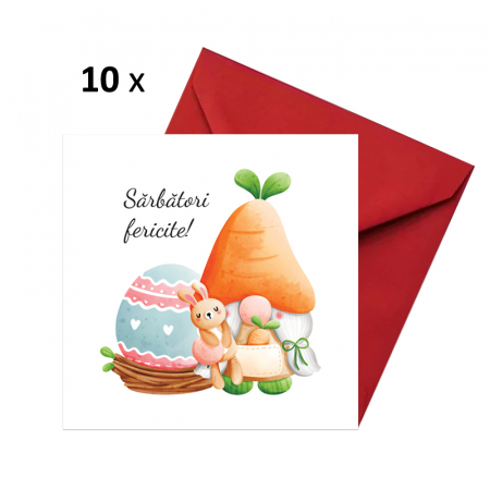 Seturi felicitari Paste - Set 10 felicitari Paste gnom portocaliu, cu plicuri rosii, 130x130 mm