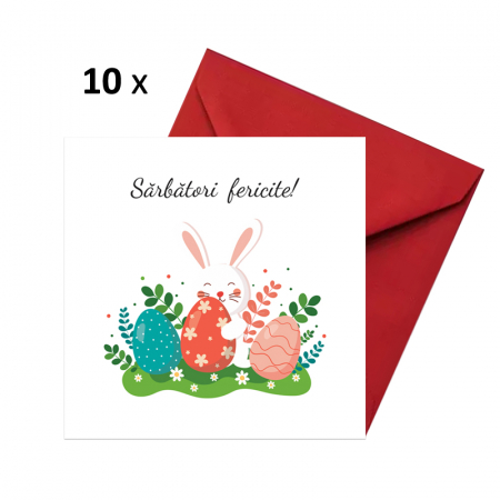 Set 10 felicitari Paste iepuras alb, cu plicuri rosii, 130x130 mm [0]