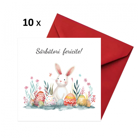 Set 10 felicitari Paste iepuras alb si oua multicolore, cu plicuri rosii, 130x130 mm [0]