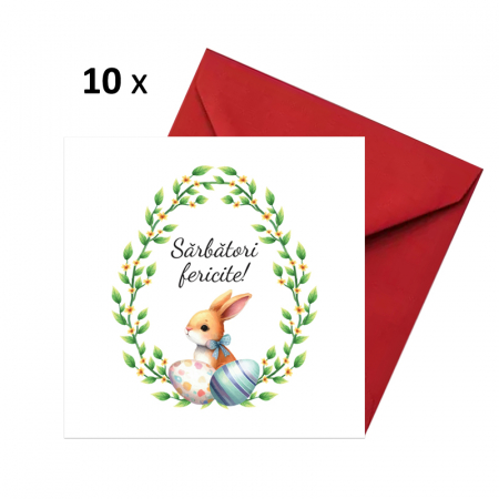 Seturi felicitari Paste - Set 10 felicitari Paste iepuras si coronita verde, cu plicuri rosii, 130x130 mm