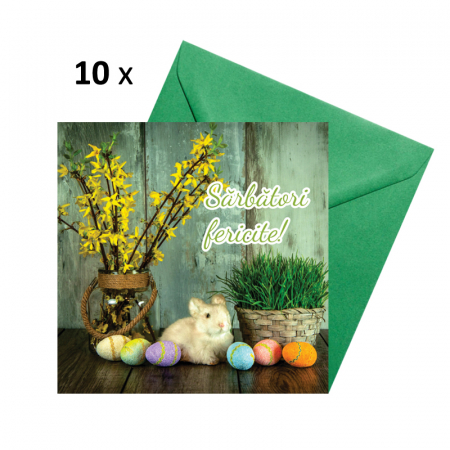 Felicitari Paste - Set 10 felicitari Paste iepuras si oua, cu plicuri verzi, 130x130 mm