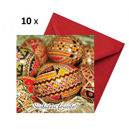 Set 10 felicitari Paste oua incondeiate, cu plicuri rosii, 130x130 mm [0]