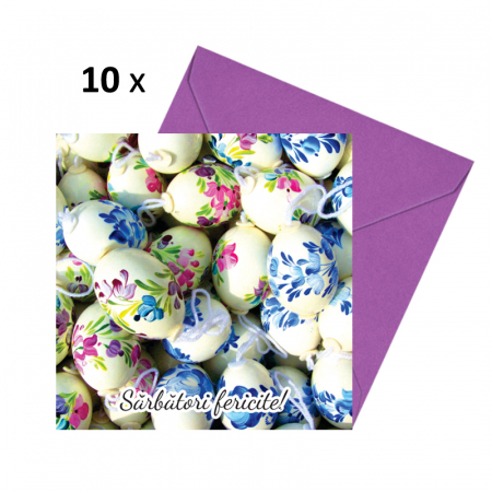Felicitari Paste - Set 10 felicitari Paste oua inflorate, cu plicuri mov, 130x130 mm