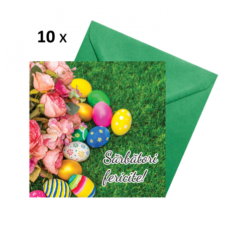 Felicitari Paste - Set 10 felicitari Paste oua multicolore in iarba, cu plic verzi, 130x130 mm