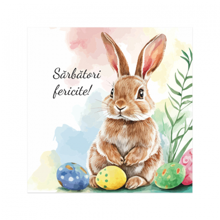 Felicitare Paste vintage iepuras si oua, cu plic rosu, 130x130 mm [2]