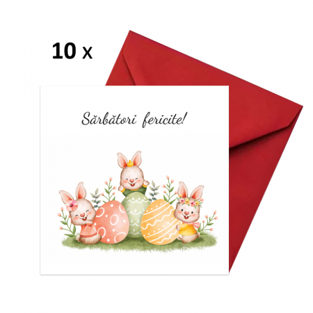 Set 10 felicitari Paste trei iepurasi, cu plicuri rosii, 130x130 mm [0]