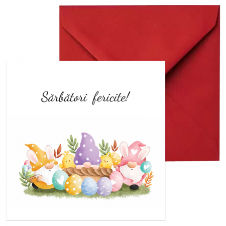 Felicitari Paste mix grafic - Felicitare Paste trei pitici, cu plic rosu, 130x130 mm