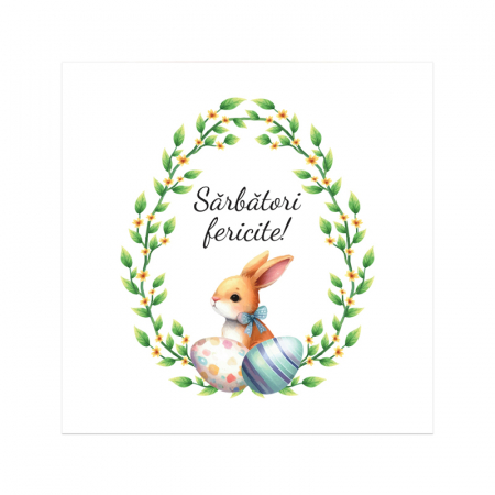 Felicitare Paste iepuras si coronita verde, cu plic rosu, 130x130 mm [1]