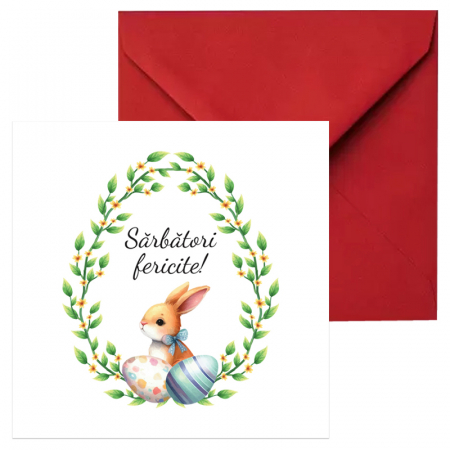 Felicitari Paste mix grafic - Felicitare Paste iepuras si coronita verde, cu plic rosu, 130x130 mm