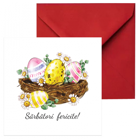 Set 10 felicitari Paste vintage cos oua, cu plicuri rosii, 130x130 mm [1]