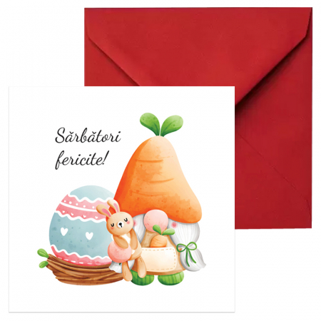 Felicitari Paste mix grafic - Felicitare Paste gnom portocaliu, cu plic rosu, 130x130 mm