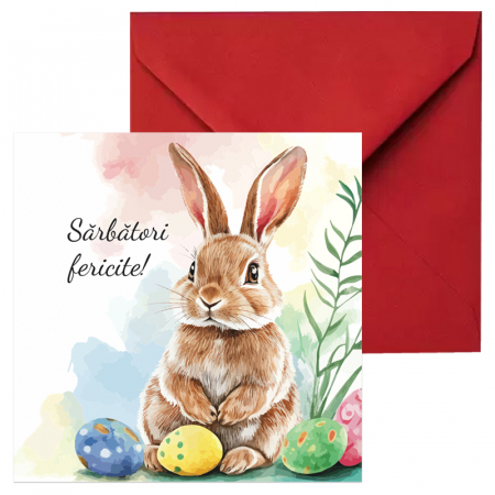 Felicitare Paste vintage iepuras si oua, cu plic rosu, 130x130 mm [0]