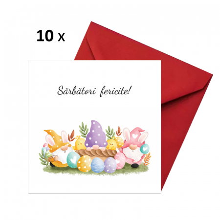 Set 10 felicitari Paste trei pitici, cu plicuri rosii, 130x130 mm [0]
