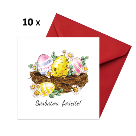 Seturi felicitari Paste - Set 10 felicitari Paste vintage cos oua, cu plicuri rosii, 130x130 mm