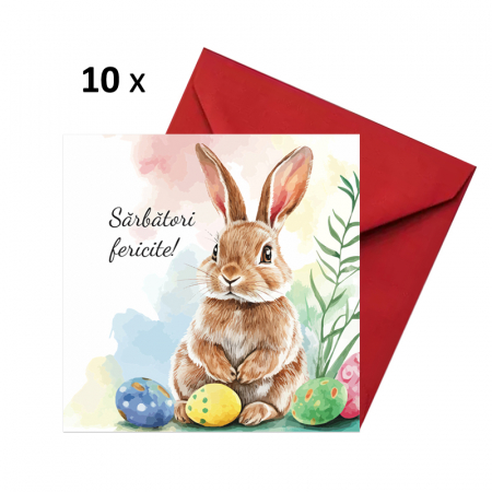 Felicitare Paste vintage iepuras si oua, cu plic rosu, 130x130 mm [0]