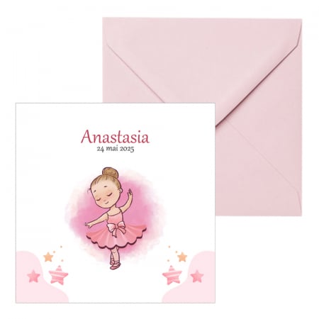 Invitatii botez - Invitatie botez balerina roz, cu plic roz pastel 130x130 mm