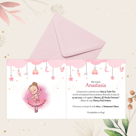 Invitatie botez balerina roz, cu plic roz pastel 130x130 mm [4]
