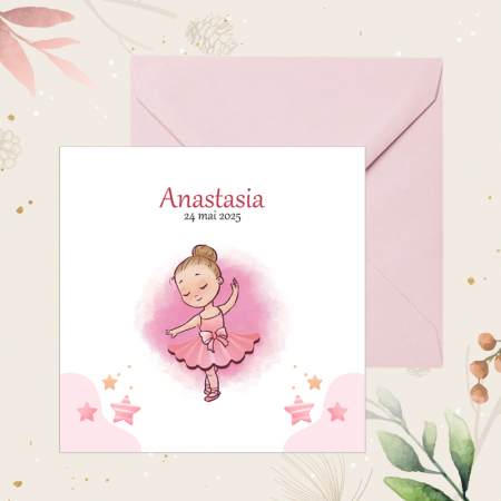 Invitatie botez balerina roz, cu plic roz pastel 130x130 mm [1]