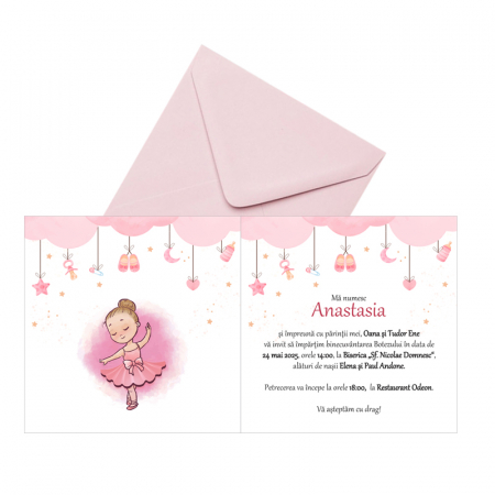Invitatie botez balerina roz, cu plic roz pastel 130x130 mm [3]