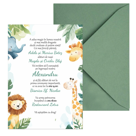 Invitatie botez safari jungle, cu plic i8 verde matcha [3]