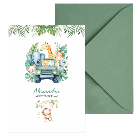Invitatie botez safari jungle, cu plic i8 verde matcha [2]