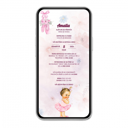 PRODUSE DIGITALE - Invitatie botez digitala balerina tutu roz