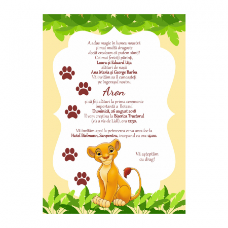 Invitatii botez - Invitatie Botez Tematica Safari – Leu Simba – Design Personalizat, Stil Jucaus si Elegant