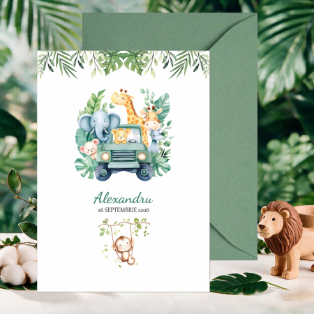 Invitatii botez - Invitatie botez safari jungle, cu plic i8 verde matcha