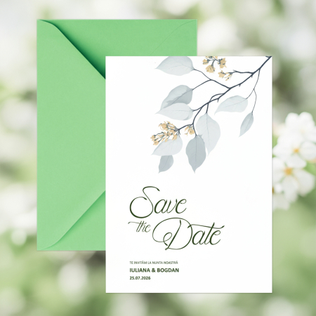 Invitatii nunta - Invitatie de nunta Botanical Elegance, cu plic verde pastel