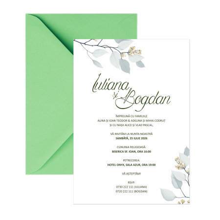 Invitatie de nunta Botanical Elegance, cu plic verde pastel [2]