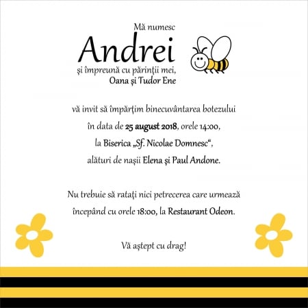 Invitatii electronice botez - Invitatie digitala botez, model albinuta