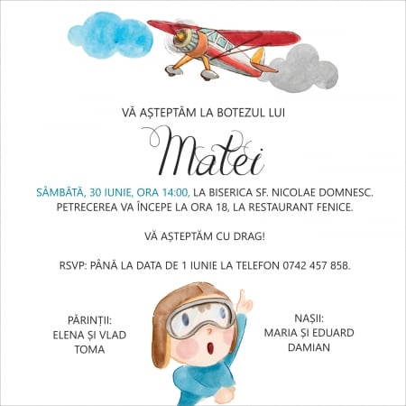 Invitatii electronice botez - Invitatie electronica botez aviator