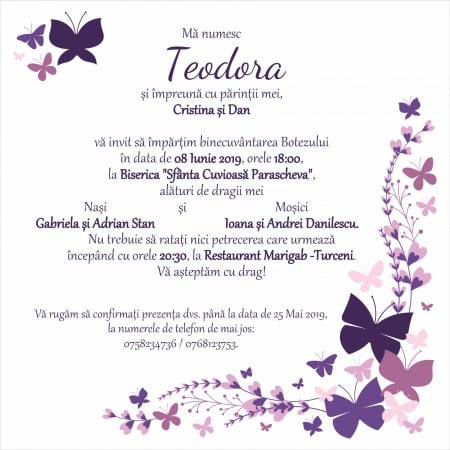 PRODUSE DIGITALE - Invitatie electronica botez fluturasi mov