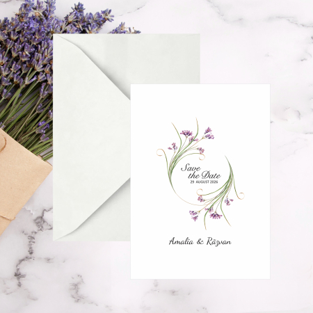 Invitatii nunta - Invitatie nunta floricele mov, plic alb prafuit inclus