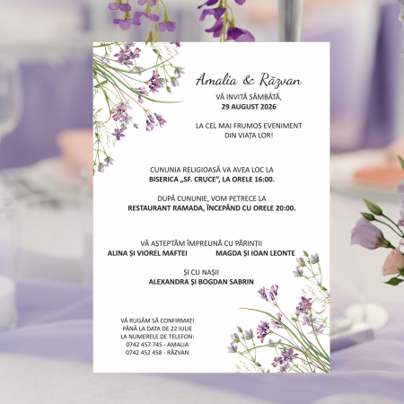 Invitatie nunta floricele mov, plic alb prafuit inclus [3]