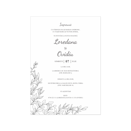 Invitatie nunta minimalista frunzulite monocrome plic alb Atelier Vivace [4]