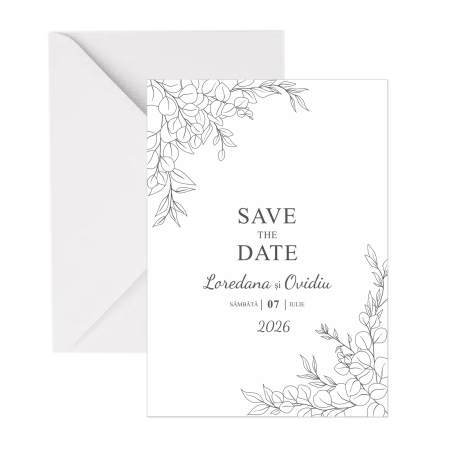 Invitatie nunta minimalista frunzulite monocrome plic alb Atelier Vivace [1]
