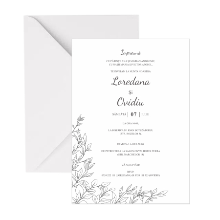 Invitatie nunta minimalista frunzulite monocrome plic alb Atelier Vivace [2]