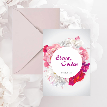 Invitatii nunta - Invitatie nunta model floral bujori, cu plic i8 roz prafuit