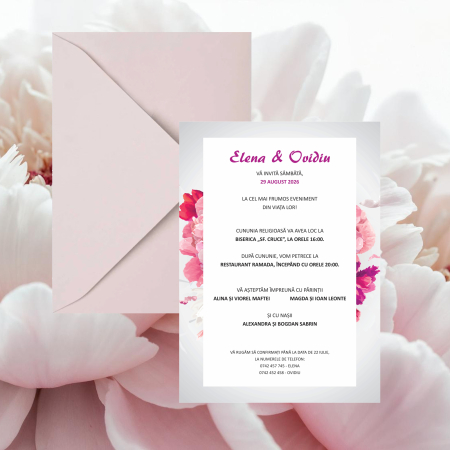 Invitatie nunta model floral bujori, cu plic i8 roz prafuit [2]